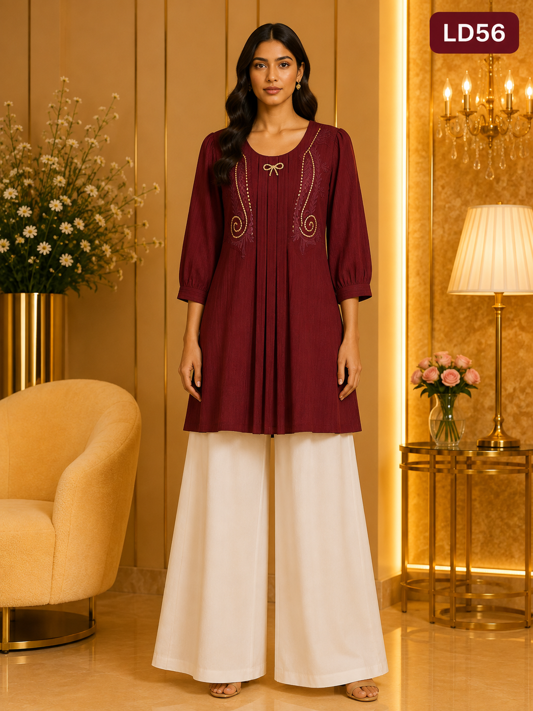 Maroon Embroidered Pleated Linen One Point Top-LD56