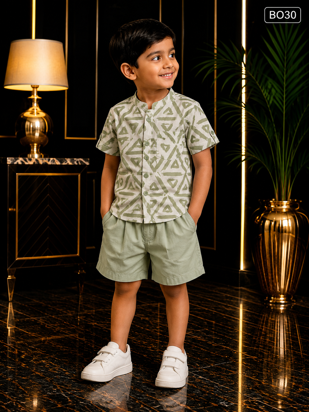 Boys Geometric Print Shirt & Shorts Set-BO30