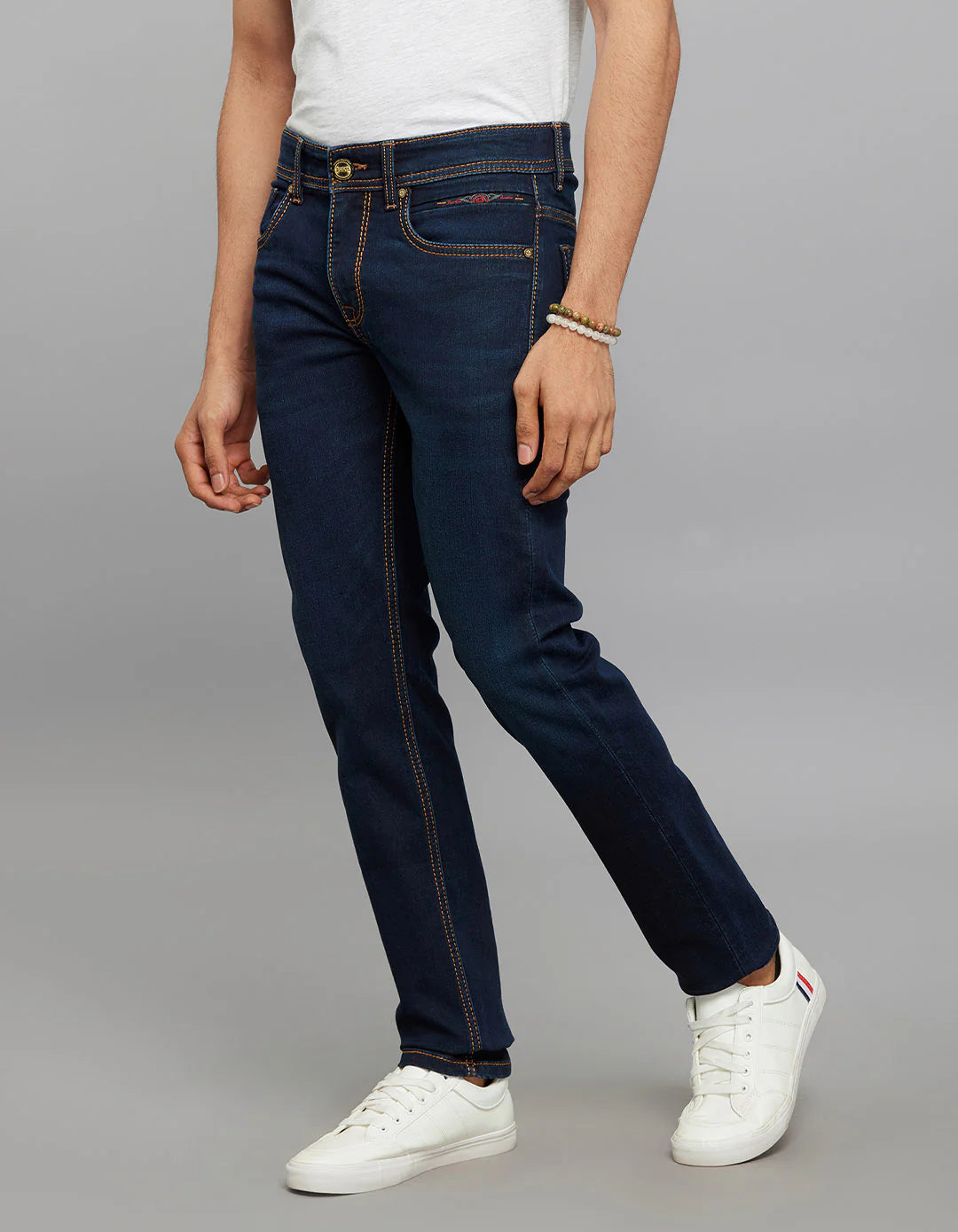 Dark Blue 5 Pocket Mid-Rise Slim Straight Fit Knit Jeans RJ6375