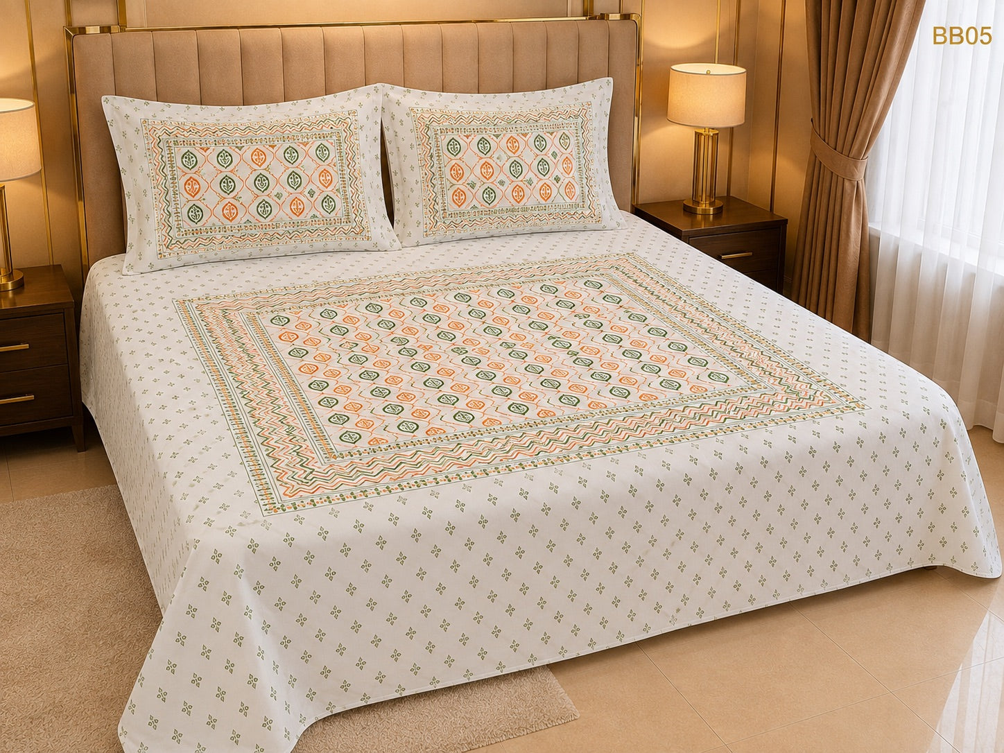 Luxury Olive Orange Geometric Block Bedsheet-BB05