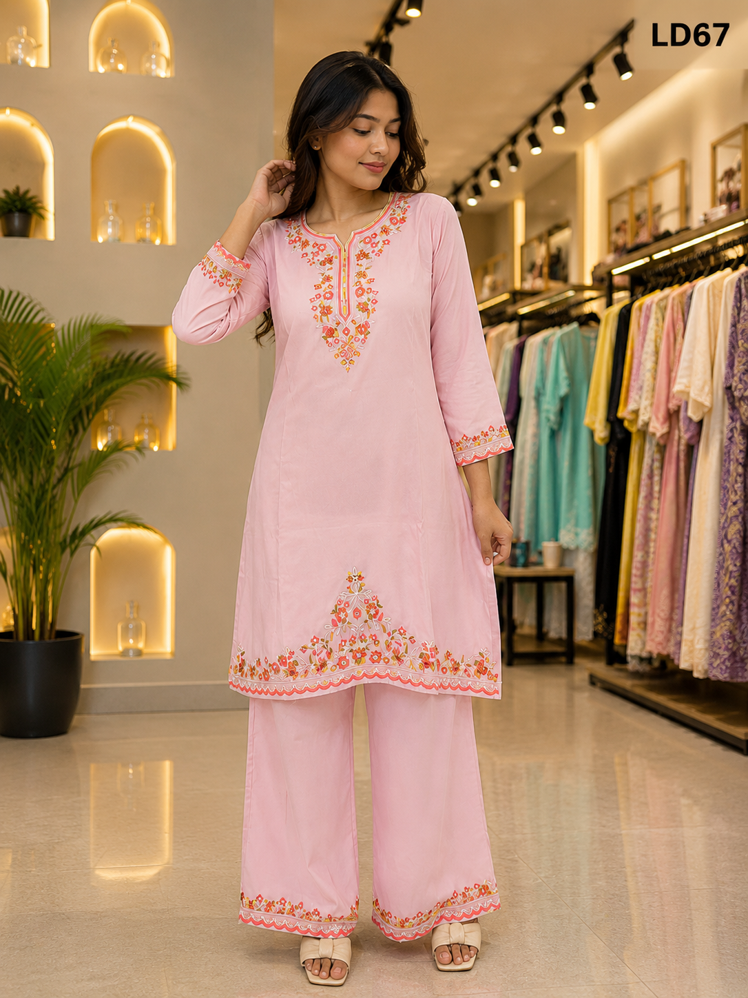 Baby Pink Floral Embroidered Two-Piece Set-LD67