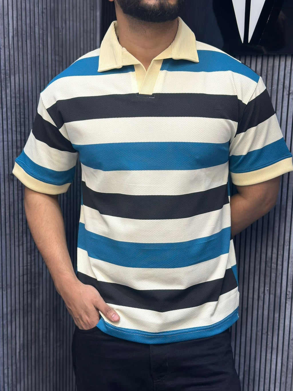 Men's Premium Knit Striped Polo Shirt 502