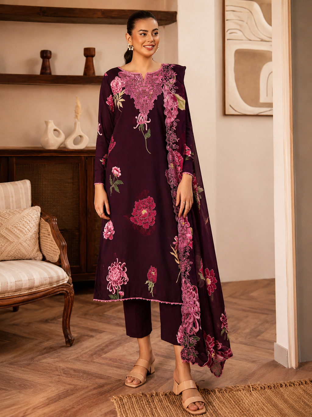 Luxury Digital Printed Lawn Three Piece Set -C294
