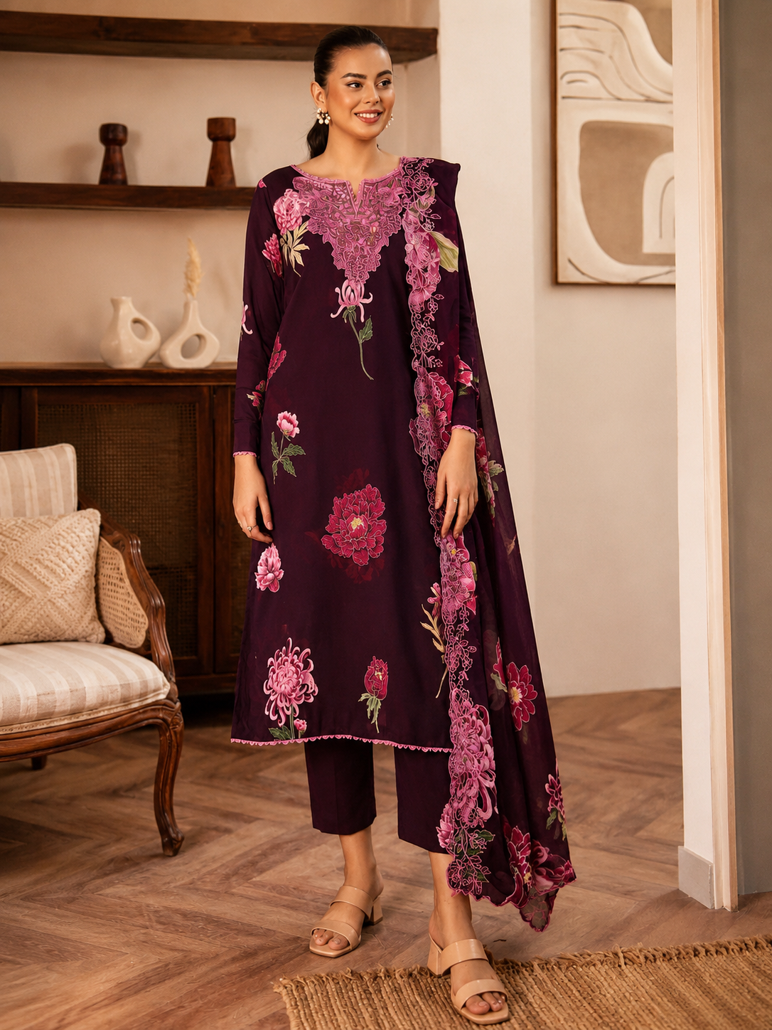 Luxury Digital Printed Lawn Three Piece Set -C294