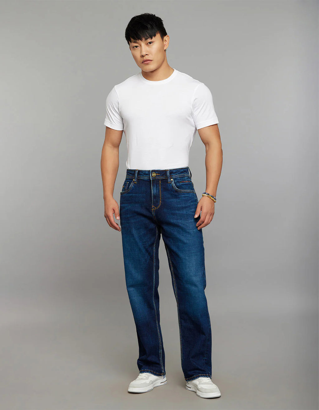 Dark Blue 5 Pocket Cropped Mid Rise, Comfort & Straight Fit Stretch Jeans RJ6337