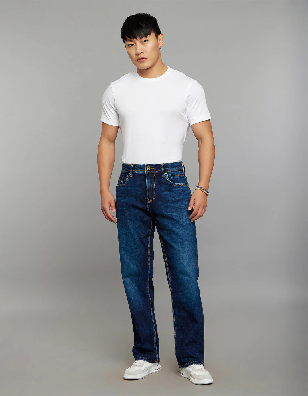 Dark Blue 5 Pocket Cropped Mid Rise, Comfort & Straight Fit Stretch Jeans RJ6337