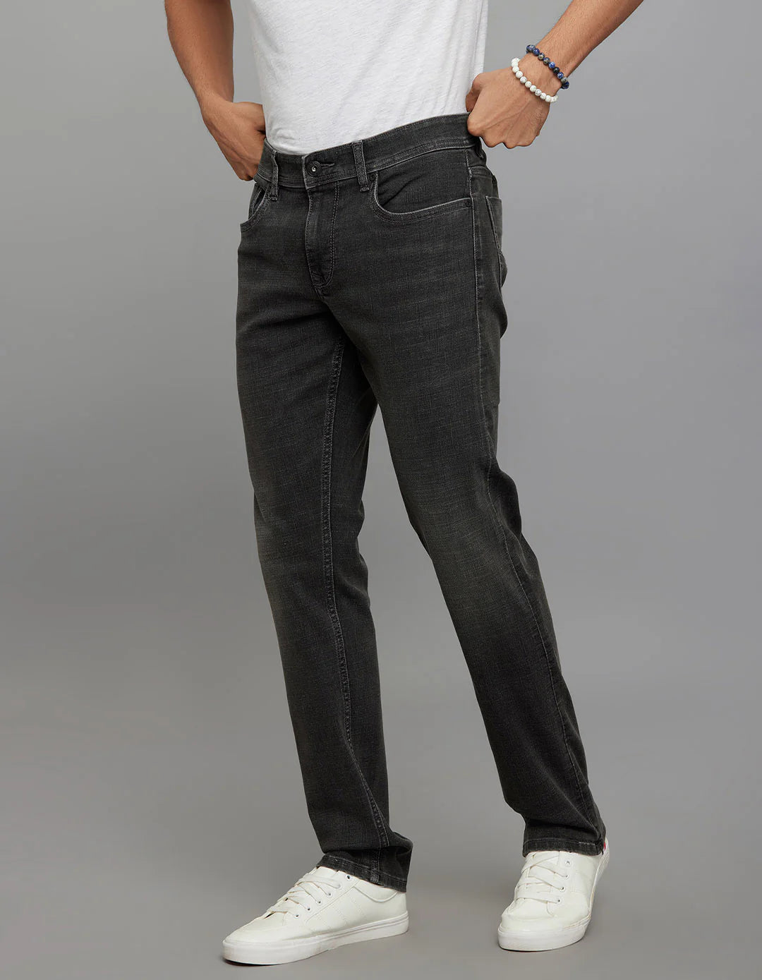 Grey 5 Pocket Mid-Rise Slim Straight Fit Classic Stretch Jeans RJ6416