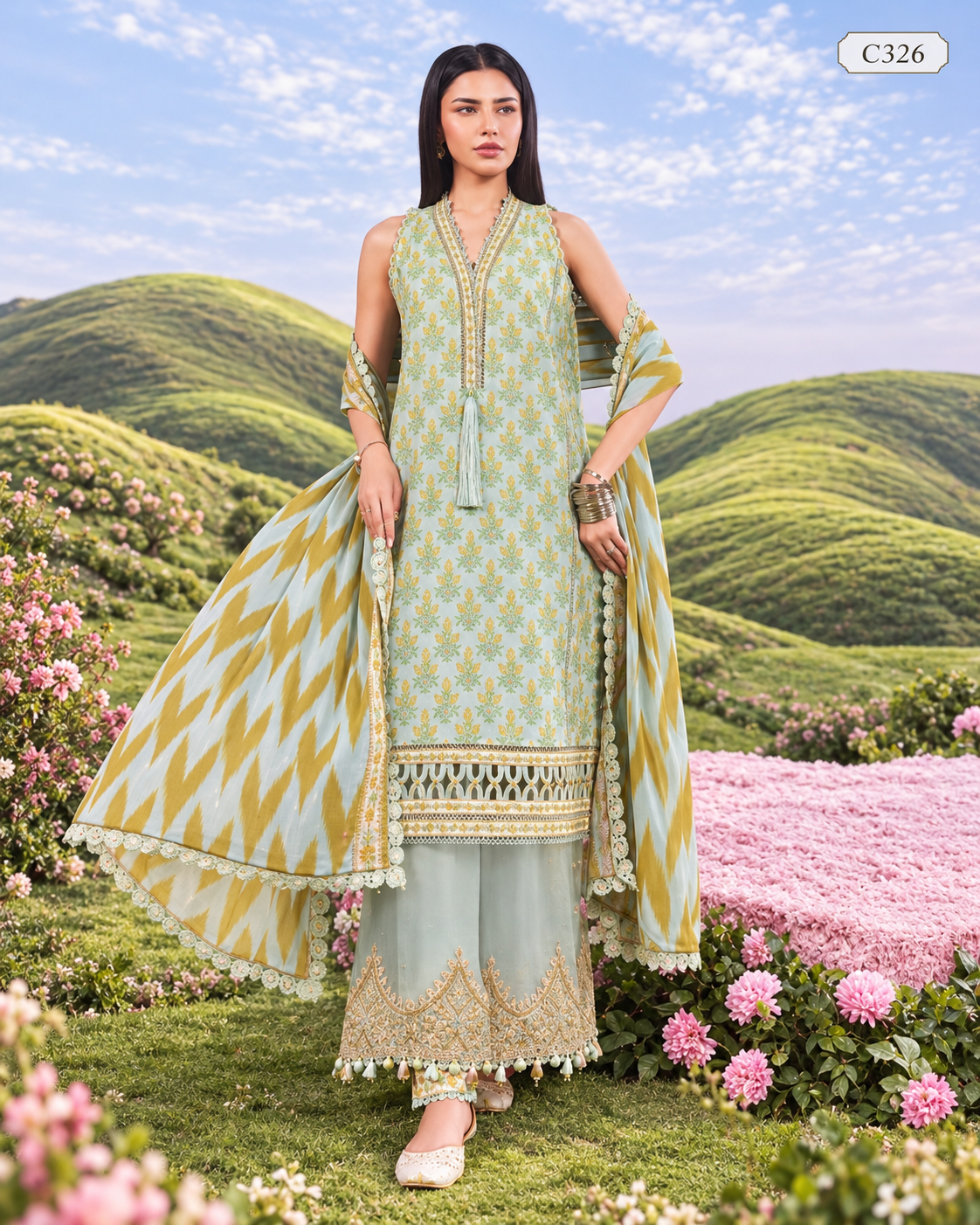 Premium Women's Mint Green & Mustard Floral Three Piece Set – C326