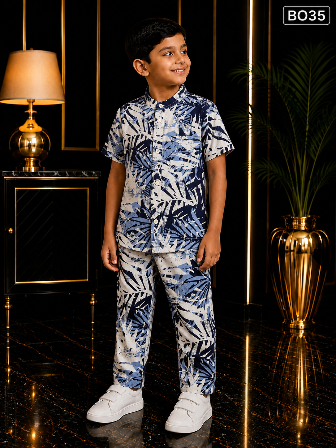 Boys’ Navy Blue Palm Leaf Mandarin Collar Shirt & Pant Set-BO35