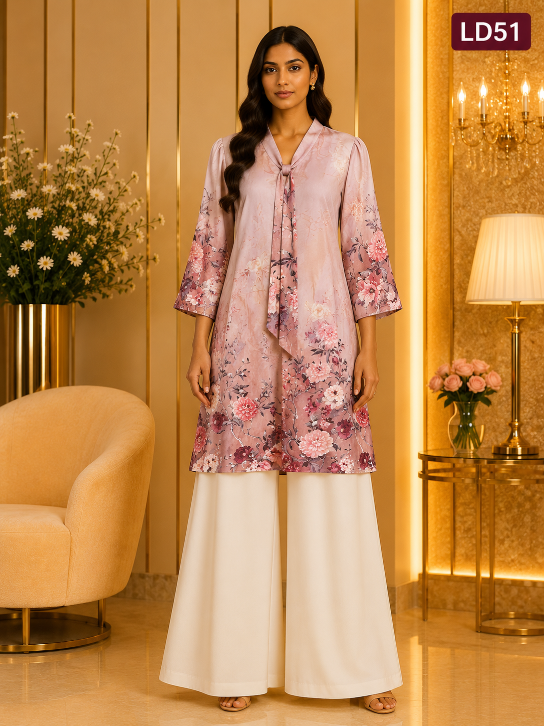 Dusty Rose Floral Tie Neck Linen Top-LD51