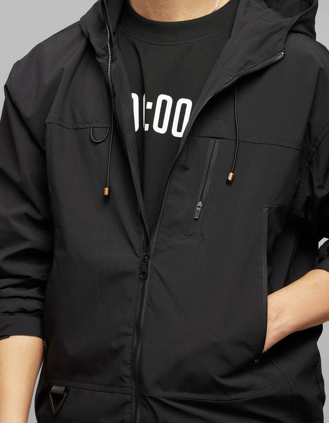 Black Zipper Front Closure Long Sleeves Utility Jacket RJJ547B