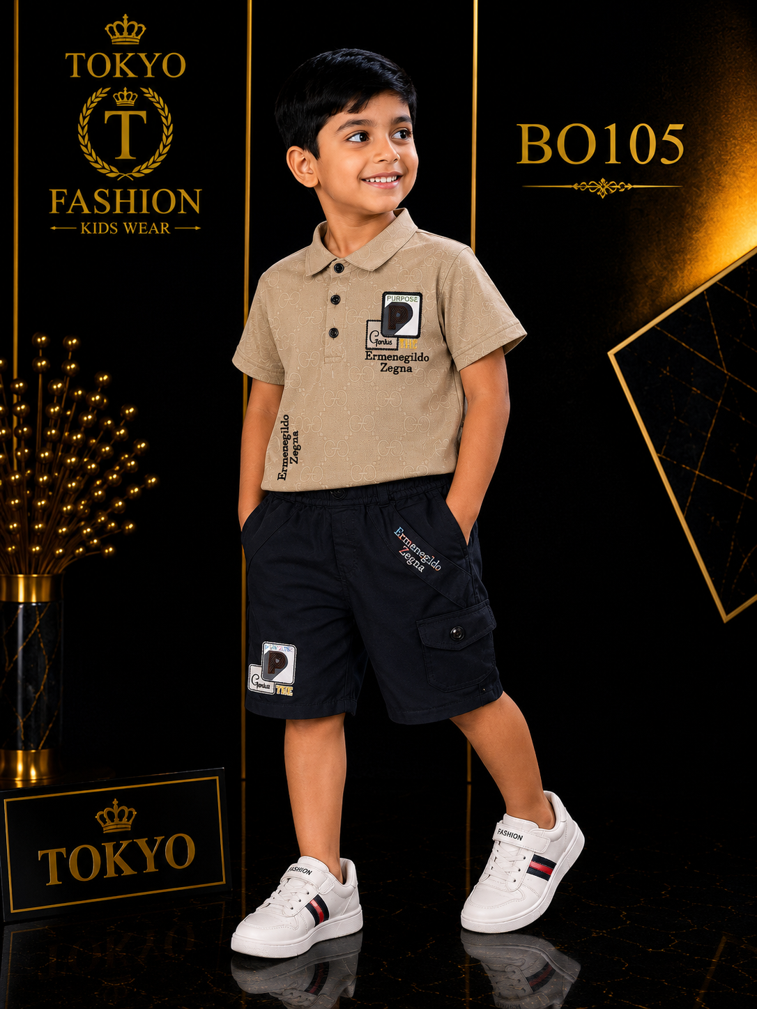 Boys’ Premium Printed Polo T-Shirt & Cargo Shorts Set – BO105