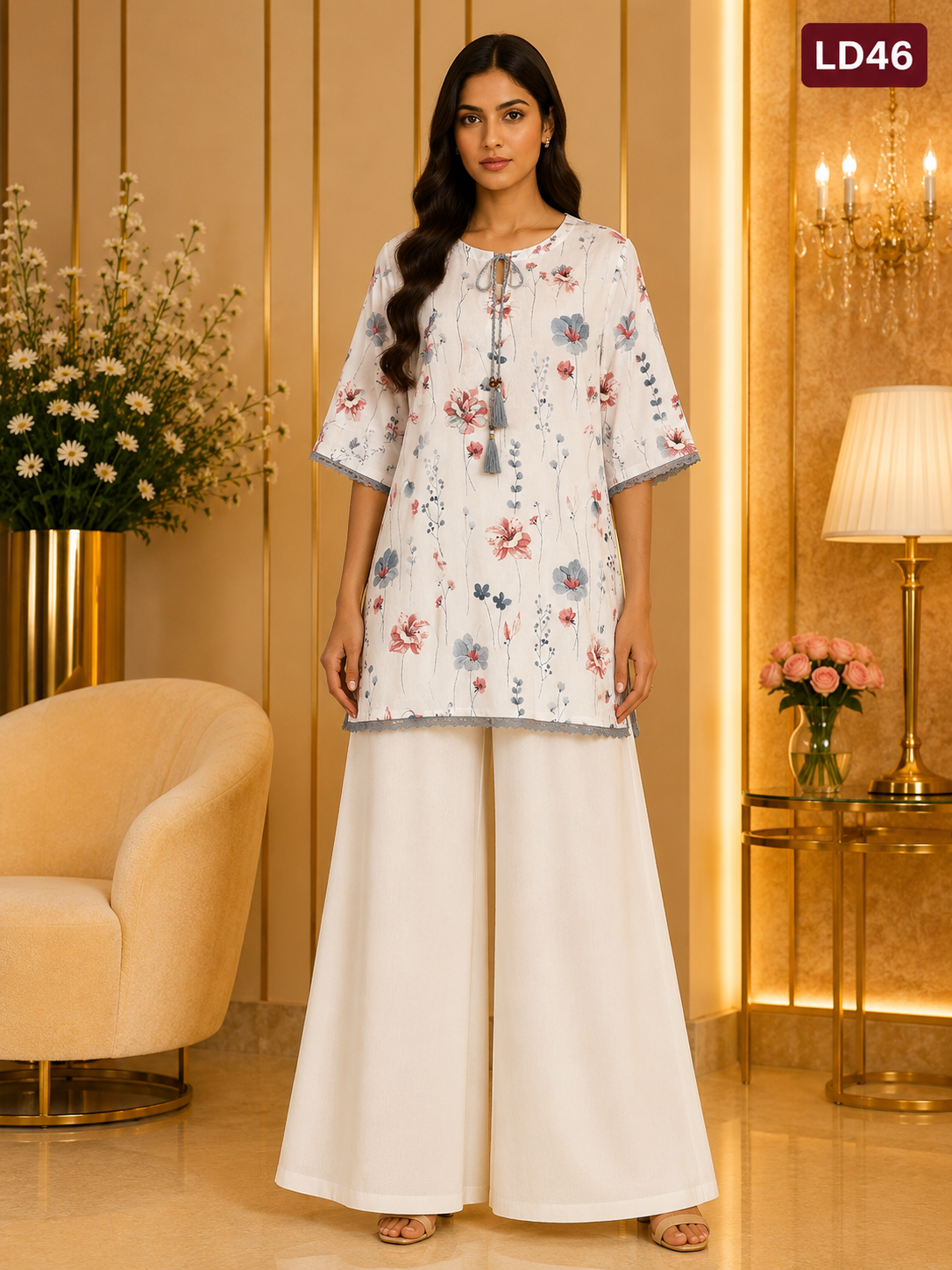 Ivory Floral Tassel Linen Top-LD46