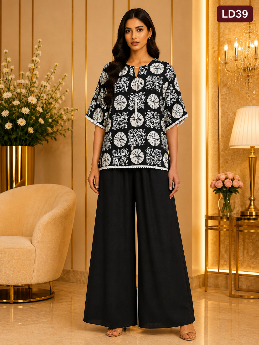 Monochrome Ethnic Print Linen Top-LD39