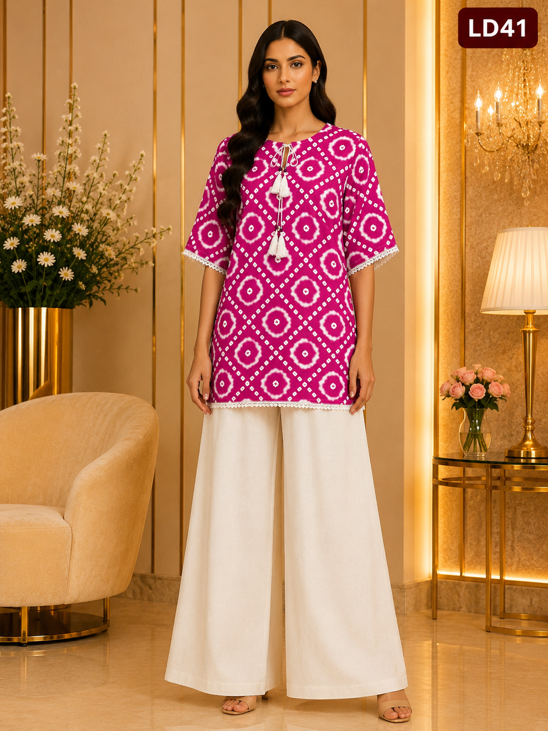Magenta Bandhani Lace Linen Top-LD41