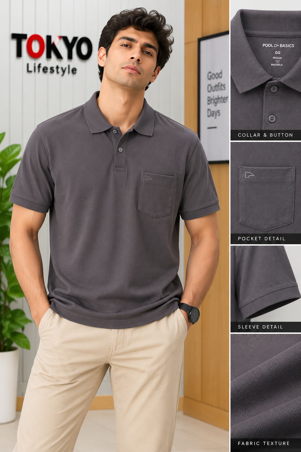 GATSBY Mens Polo T-shirt Dark Grey Poolbasics 4019
