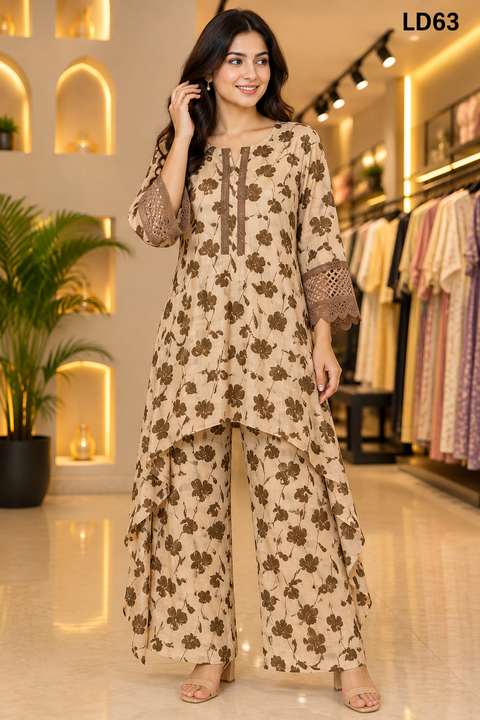 Beige Brown Floral Lace Sleeve Fish Cut Two-Piece Set-LD63