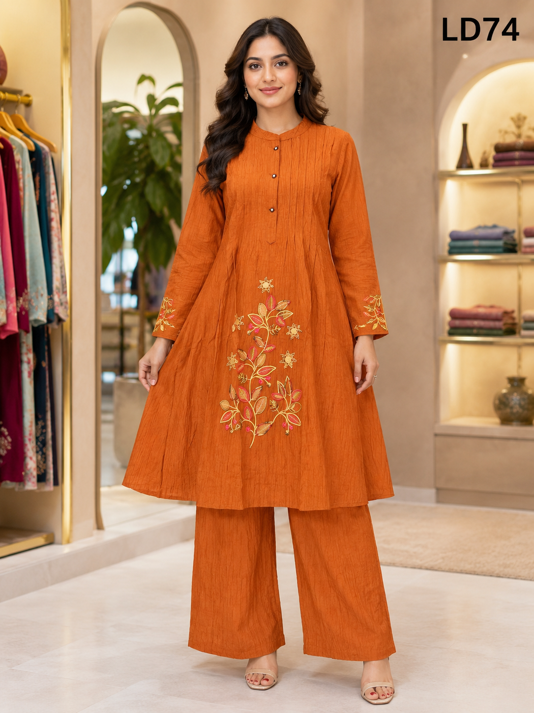 Rust Orange Leaf Embroidered Two-Piece Set-LD74