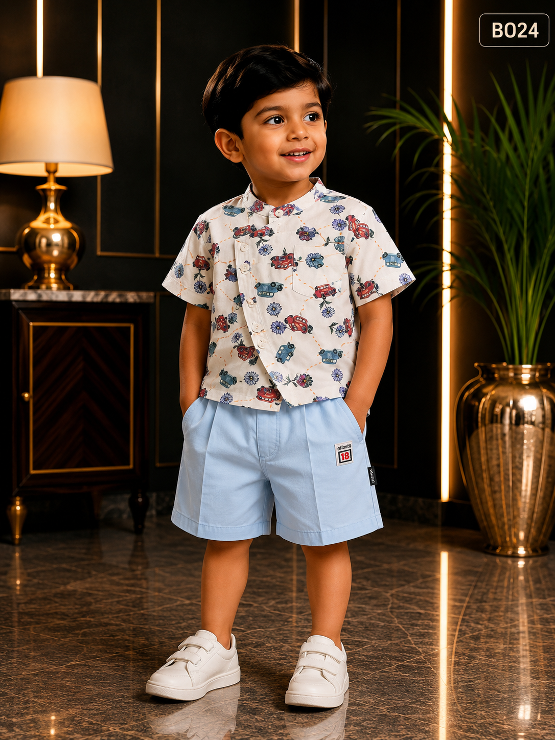 Boys Printed Mandarin Collar Shirt & Shorts Set-BO24