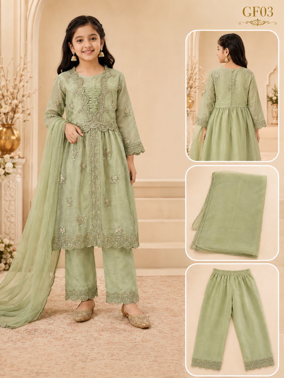 Luxury Girls Embroidered Three Piece Set–Sage Green|GF03