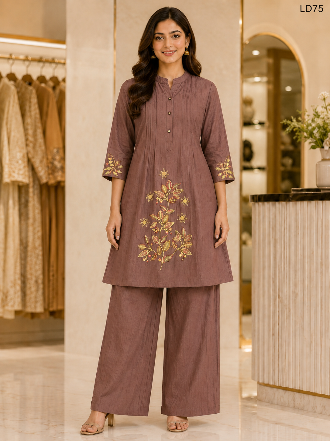 Dusty Mauve Leaf Embroidered Two-Piece Set-LD75