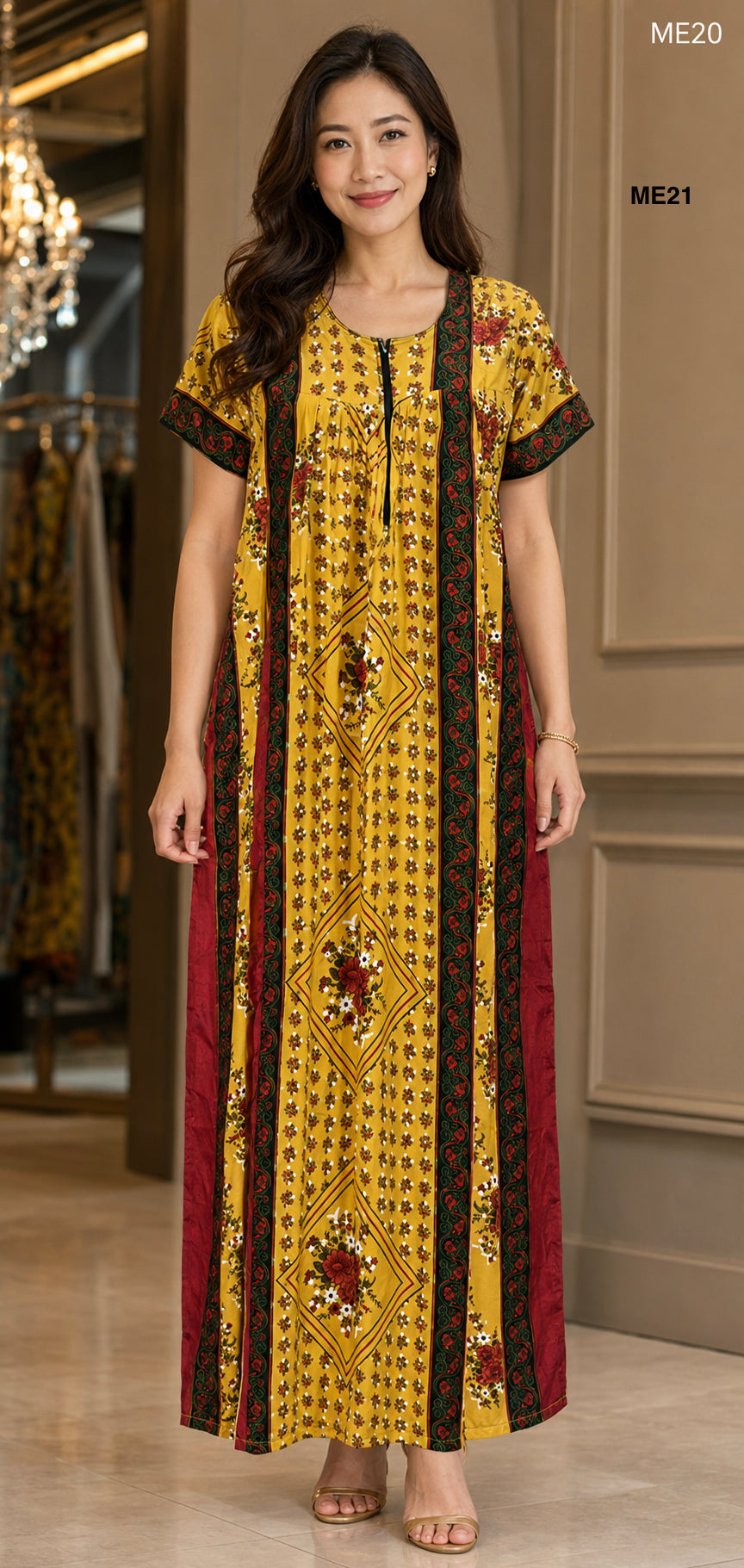 Mustard Ethnic Printed Zipper Maxi Dress-ME21