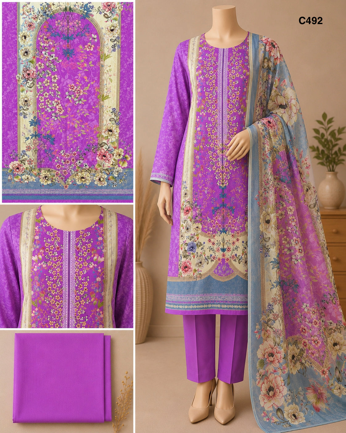 Premium Floral Unready Three Piece-C492