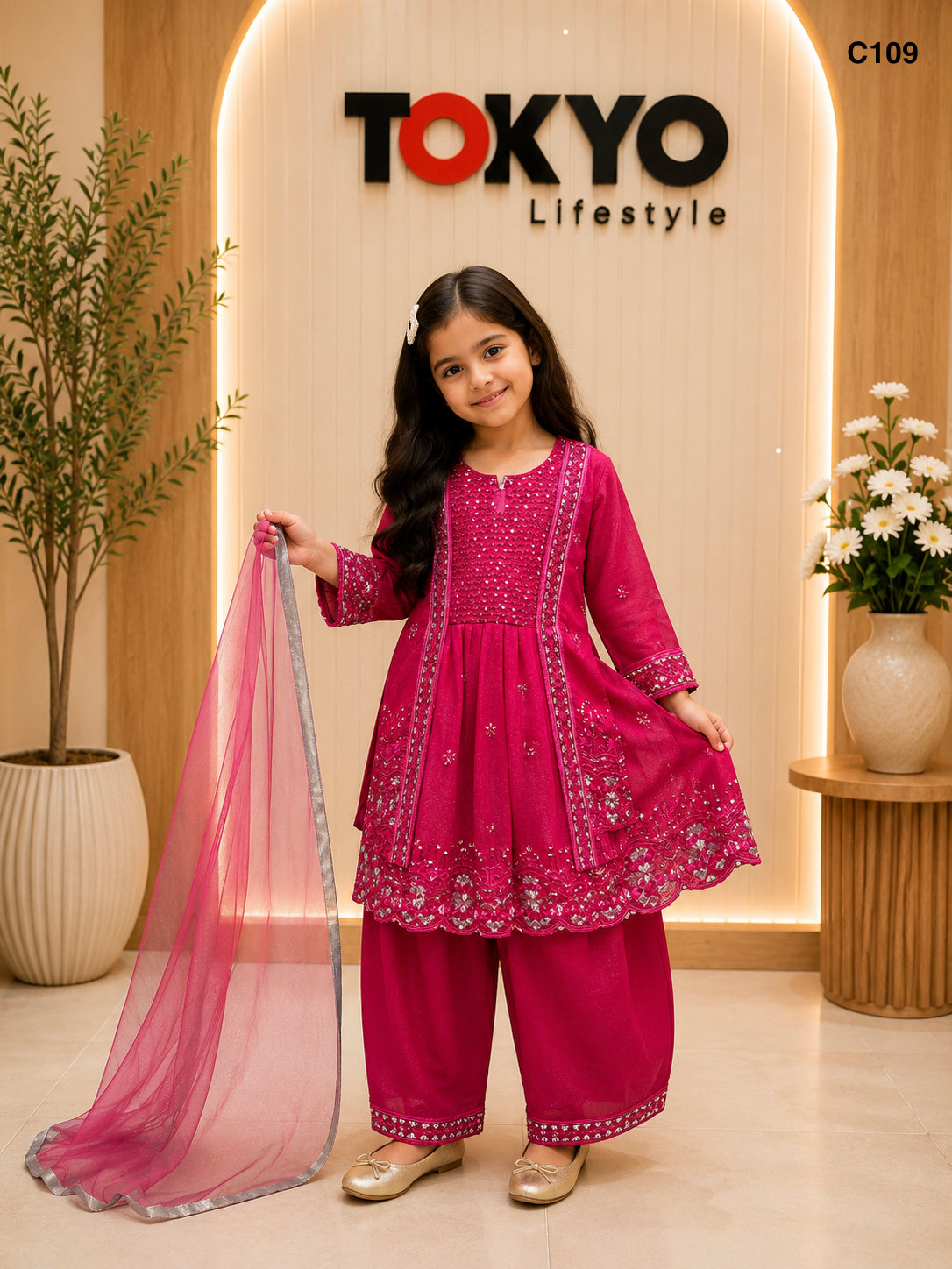 Girls Premium Embroidered Festive Party Wear 3-Piece Set -C109