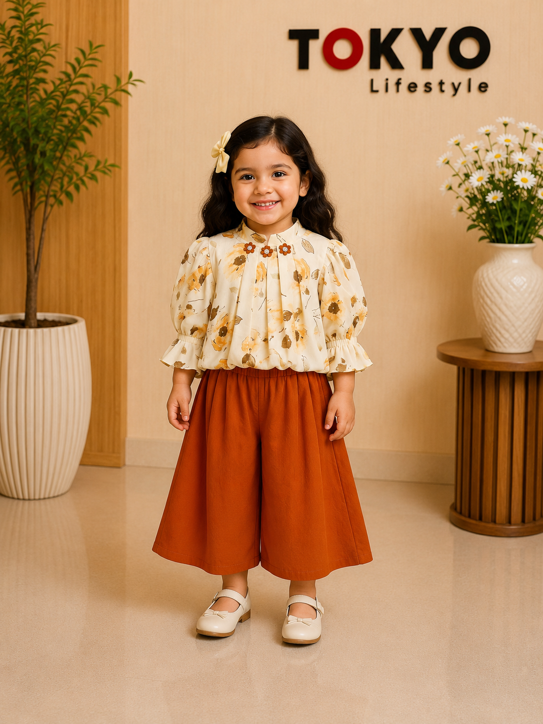 Girls Floral Top & Solid Pants Set 117