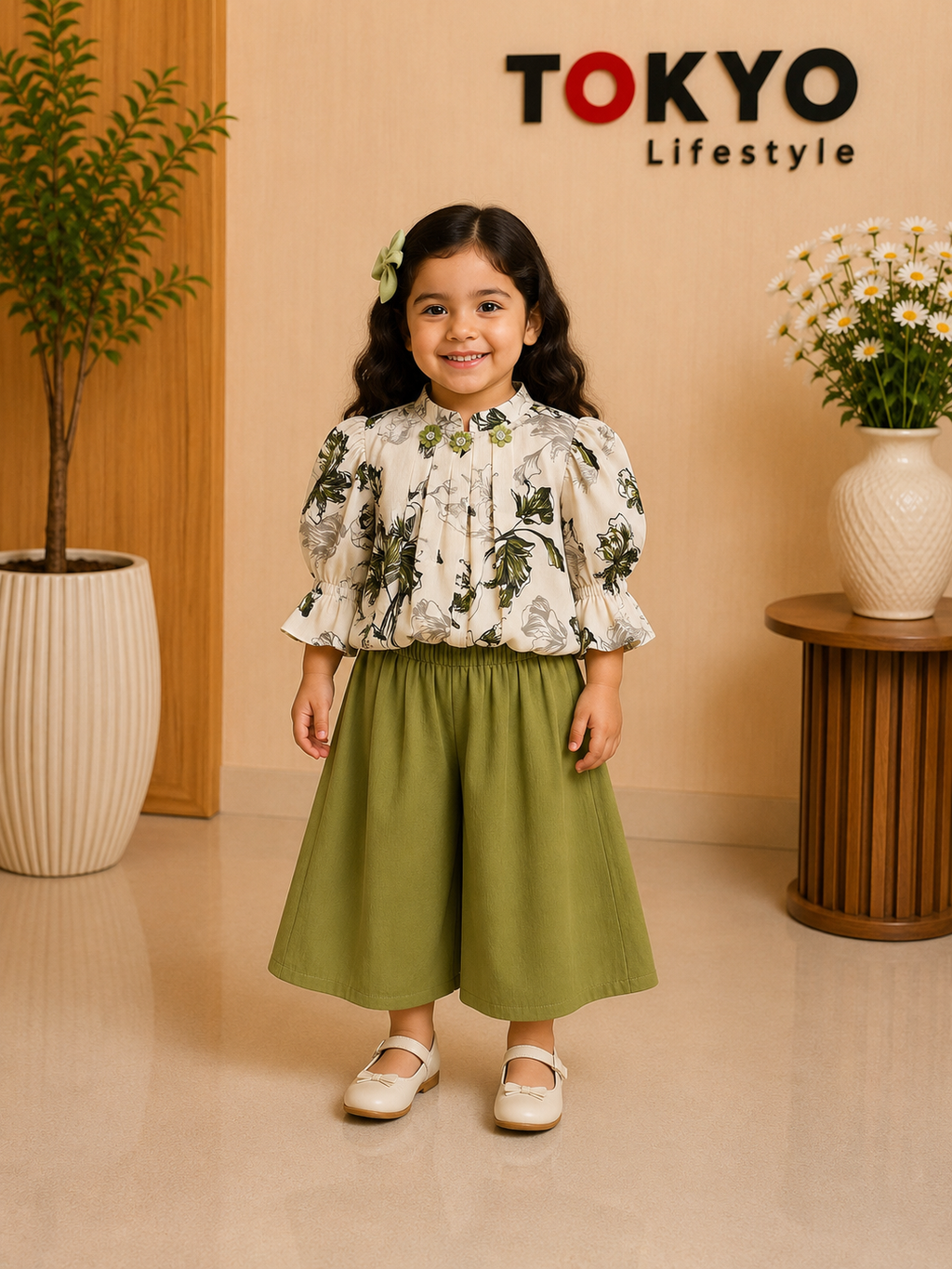 Girls Floral Top & Solid Pants Set 117