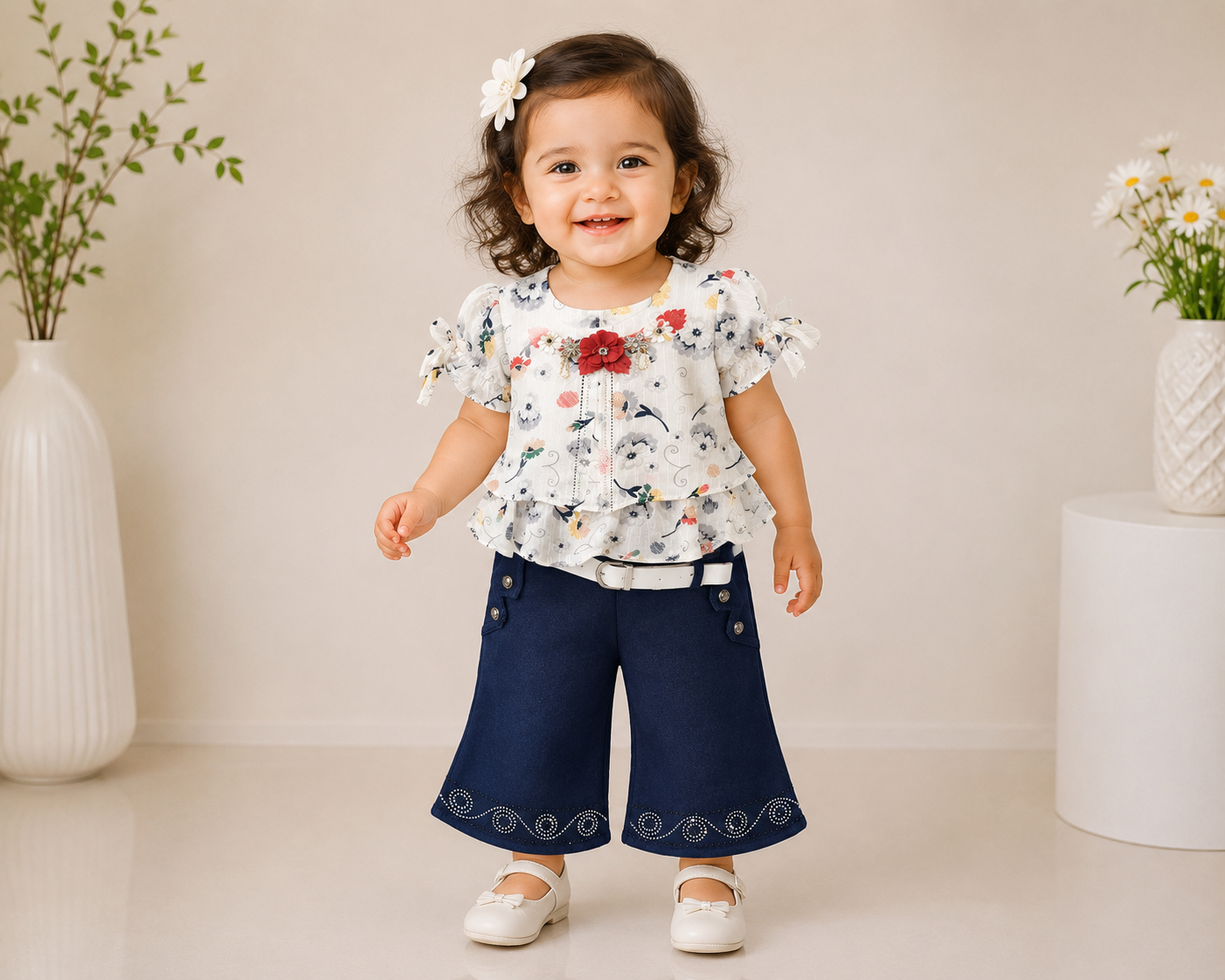 Baby Girls Floral Top & Navy Skirt Set with Belt 256