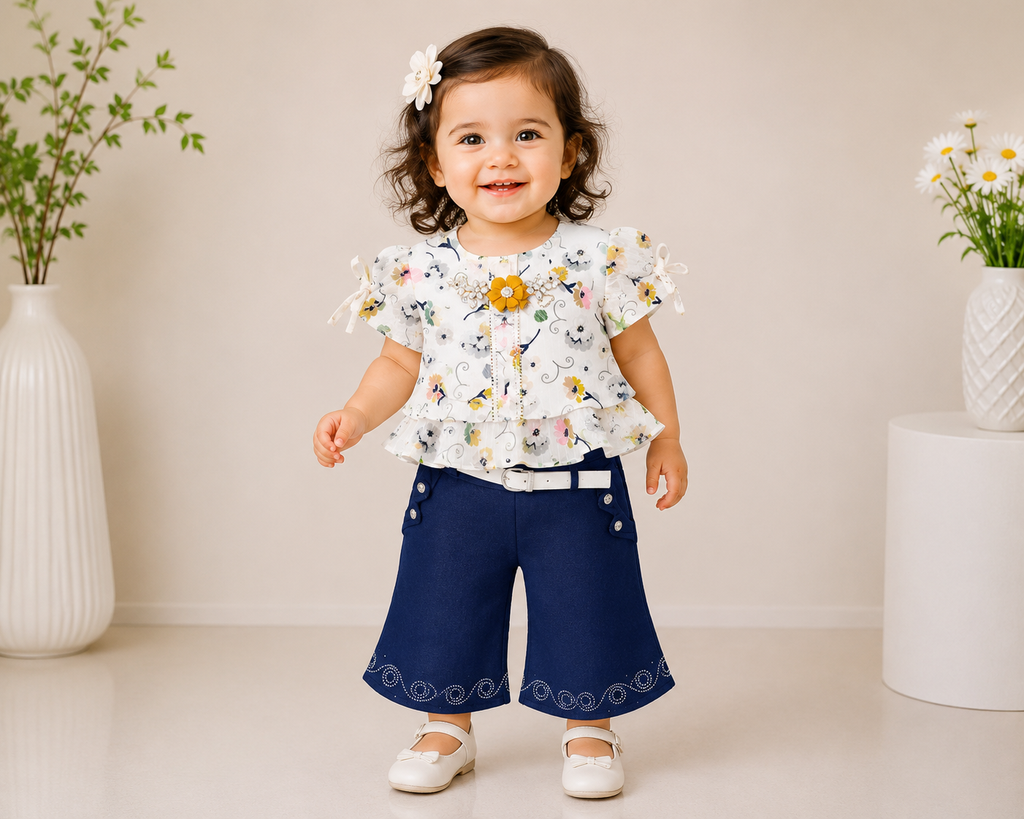 Baby Girls Floral Top & Navy Skirt Set with Belt 256
