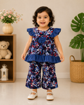Girls Floral Printed Casual Dress with Waist Tie  590 - Blue Floral