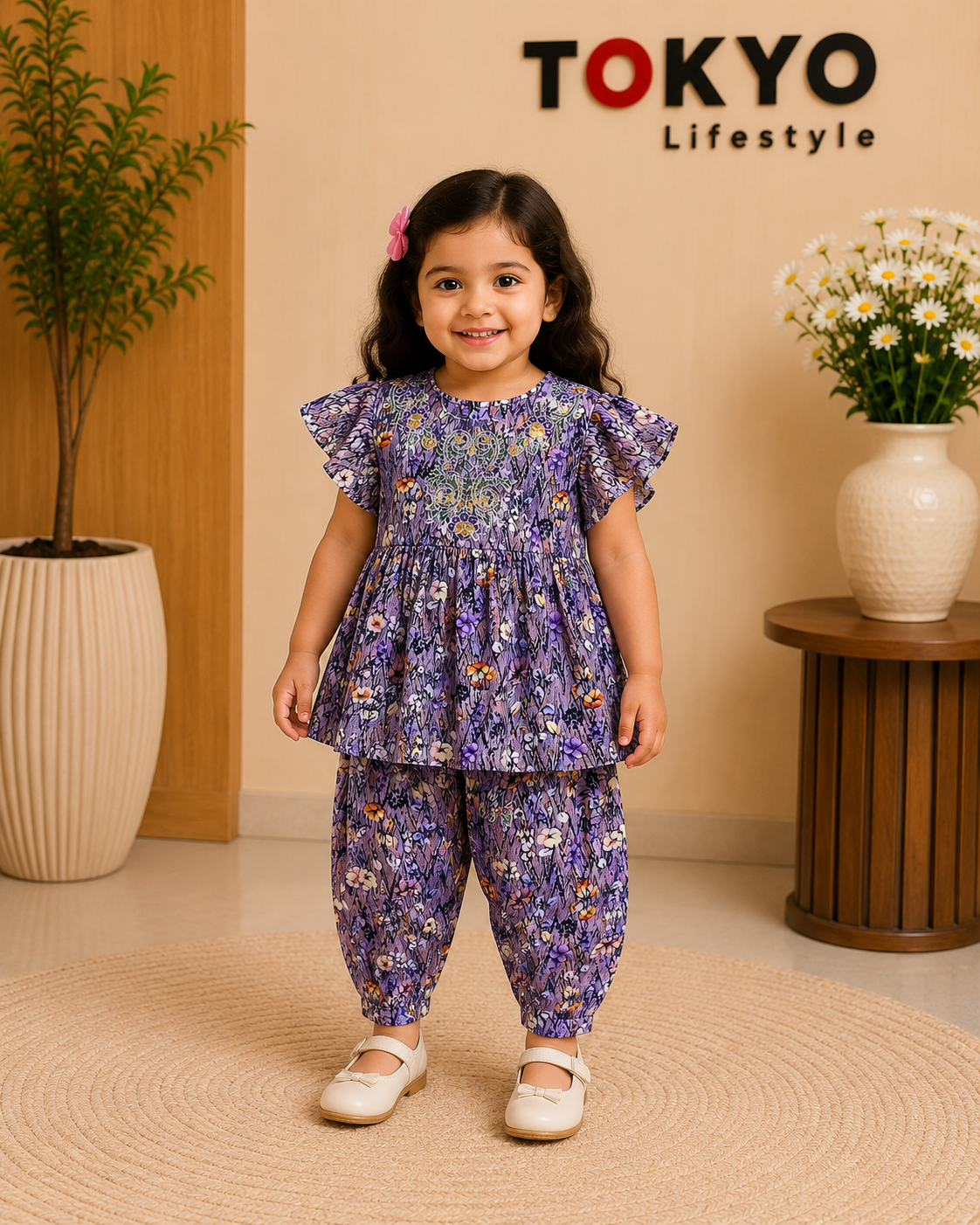 Kids Floral Printed Top & Skirt Set - Lavender Purple