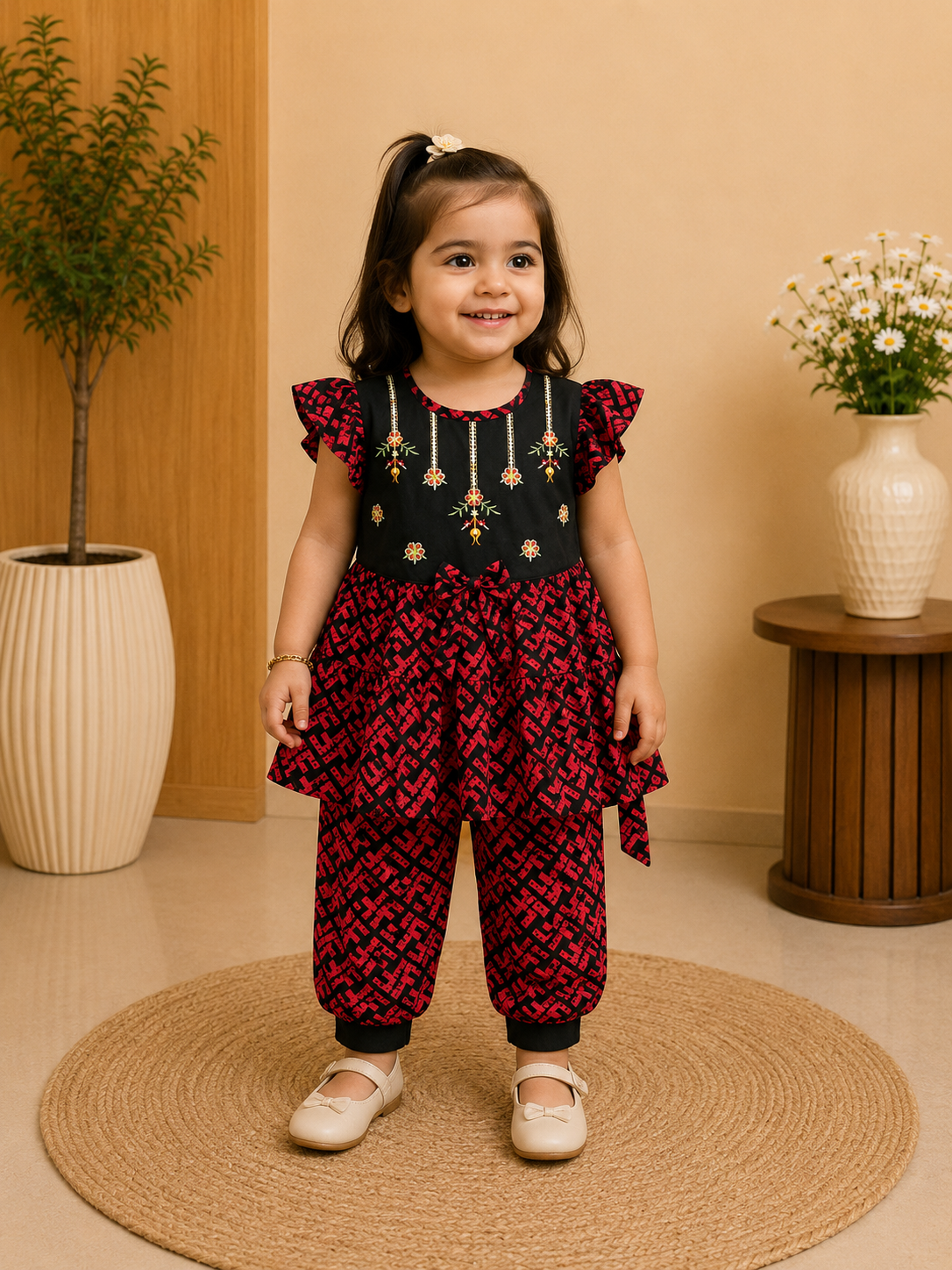 Baby Girl Embroidered Top & Printed Pant Set 107/108