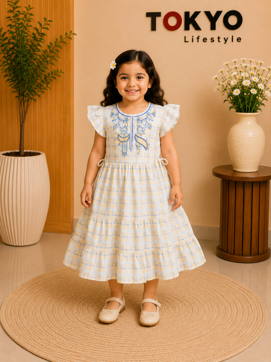 Girls Cotton Frock with Neck Embroidery 20