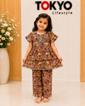 Kids Floral Printed Top & Skirt Set - Coffee Brown