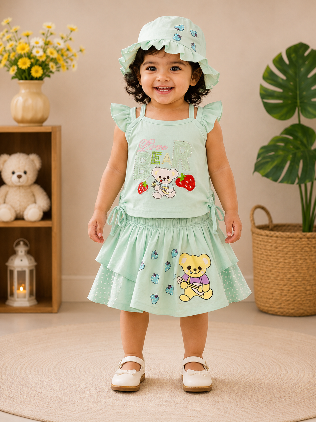 Girls Cute Bear Top, Skirt & Hat 3-Piece Set 142