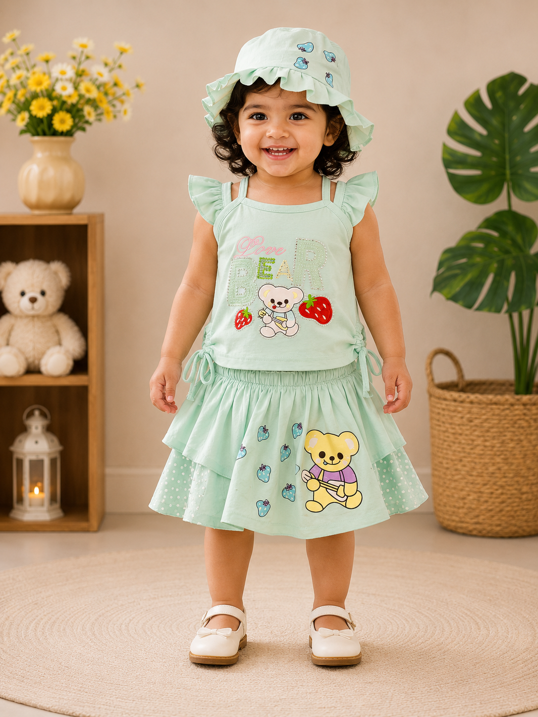 Girls Cute Bear Top, Skirt & Hat 3-Piece Set 142