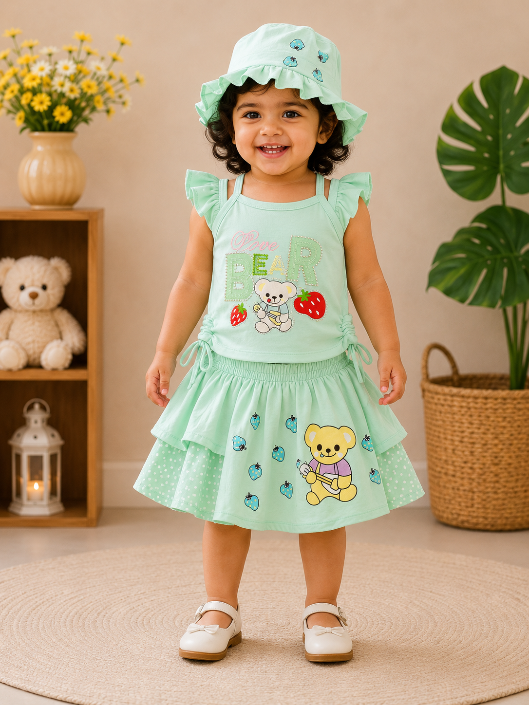Girls Cute Bear Top, Skirt & Hat 3-Piece Set 142