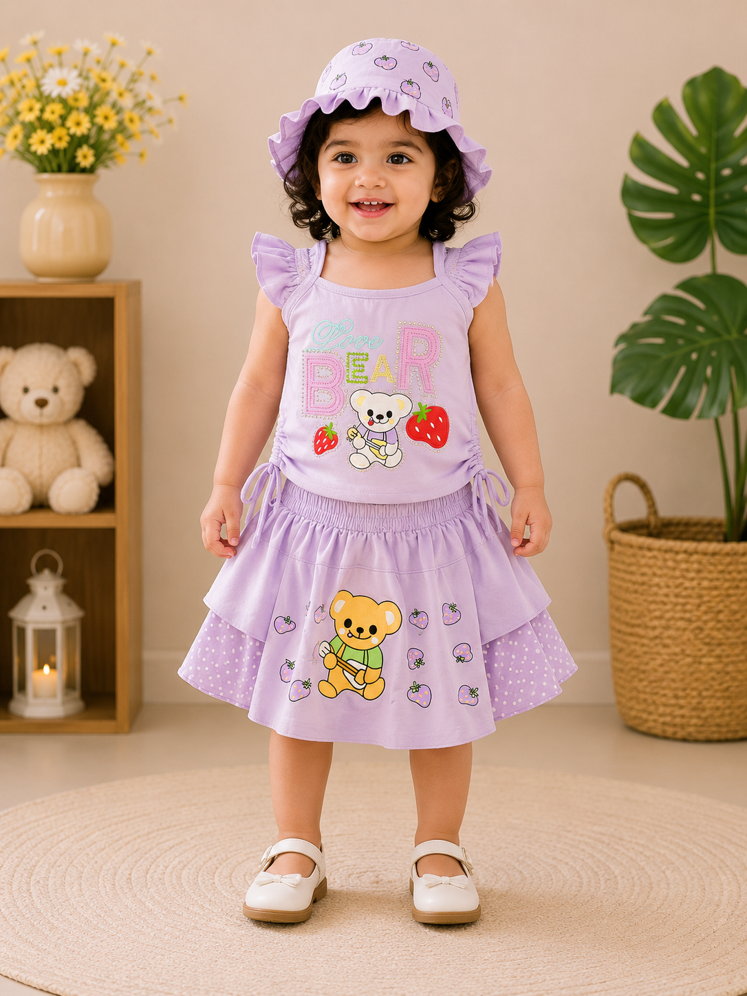 Girls Cute Bear Top, Skirt & Hat 3-Piece Set 142