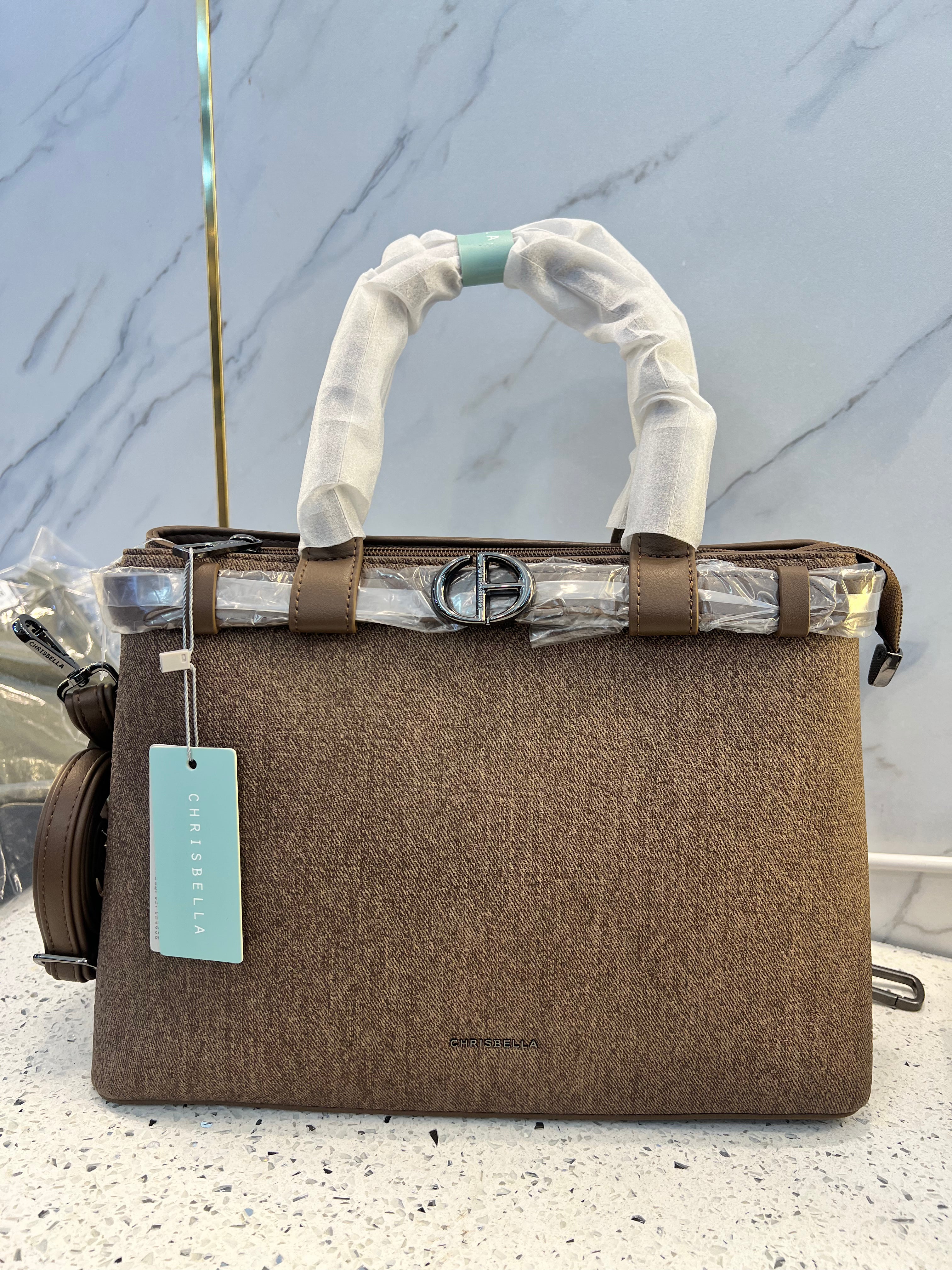 Women’s Two-Tone Structured Handbag with Long Strap & Mini Pouch