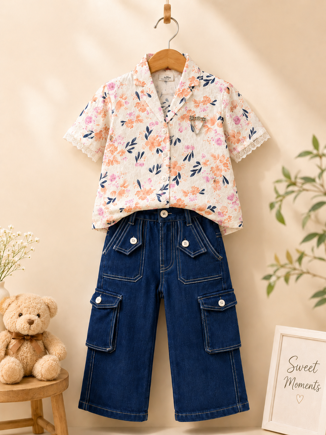 Baby Girls Floral Top & Navy Denim Pant Set 151