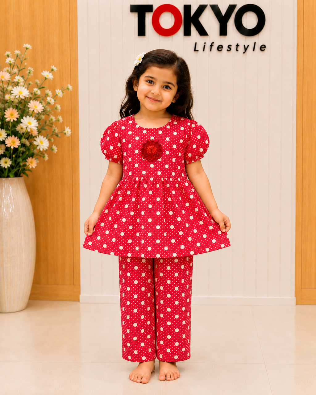 Girls Red Polka Dot Short Sleeve Jumpsuit