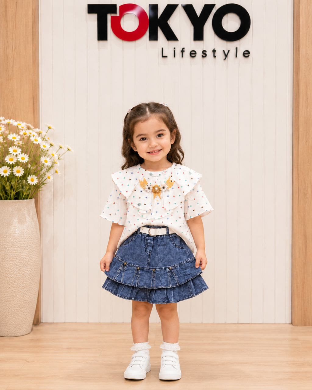 Baby Girls Polka Dot Top & Denim Skirt Set 149