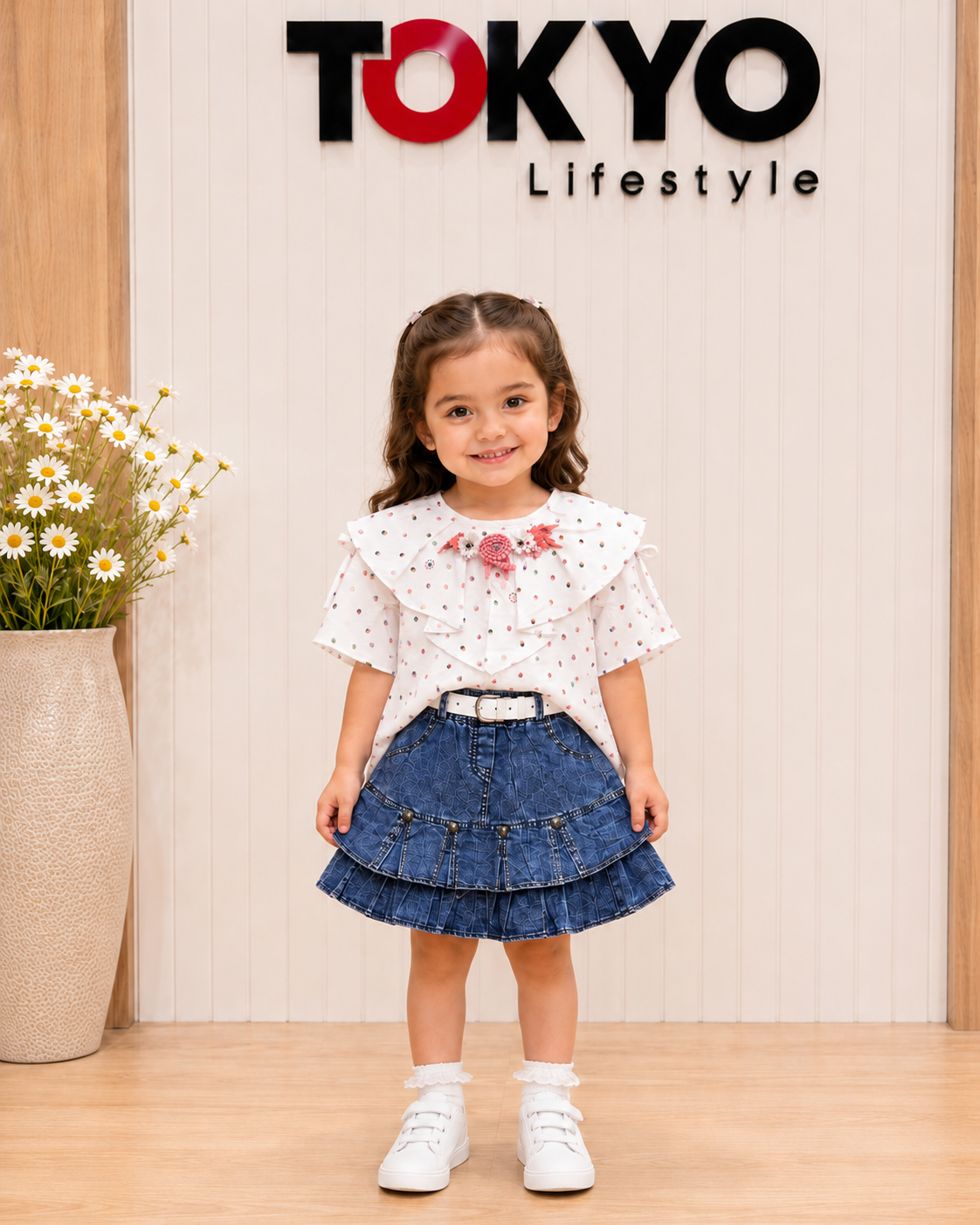 Baby Girls Polka Dot Top & Denim Skirt Set 149