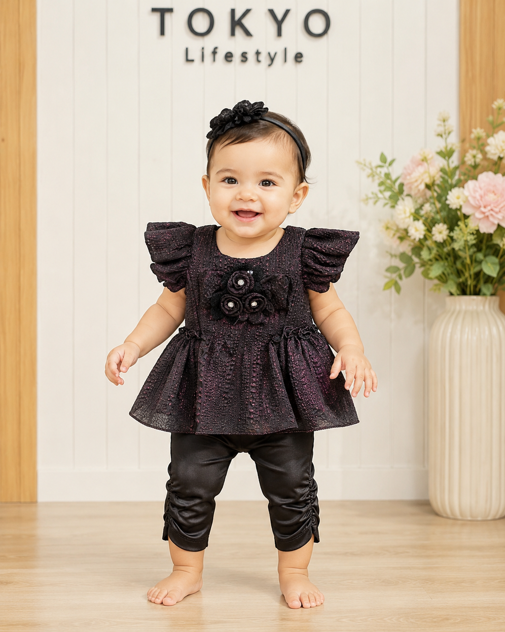 Baby Girls Textured Ruffle Top & Wide-Leg Pant Set-861