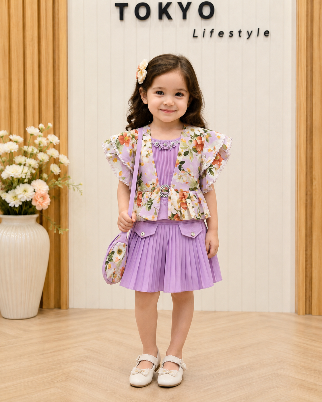 Baby Girls Floral Top & Pleated Skirt Set with Mini Bag (3-Piece Set) 150