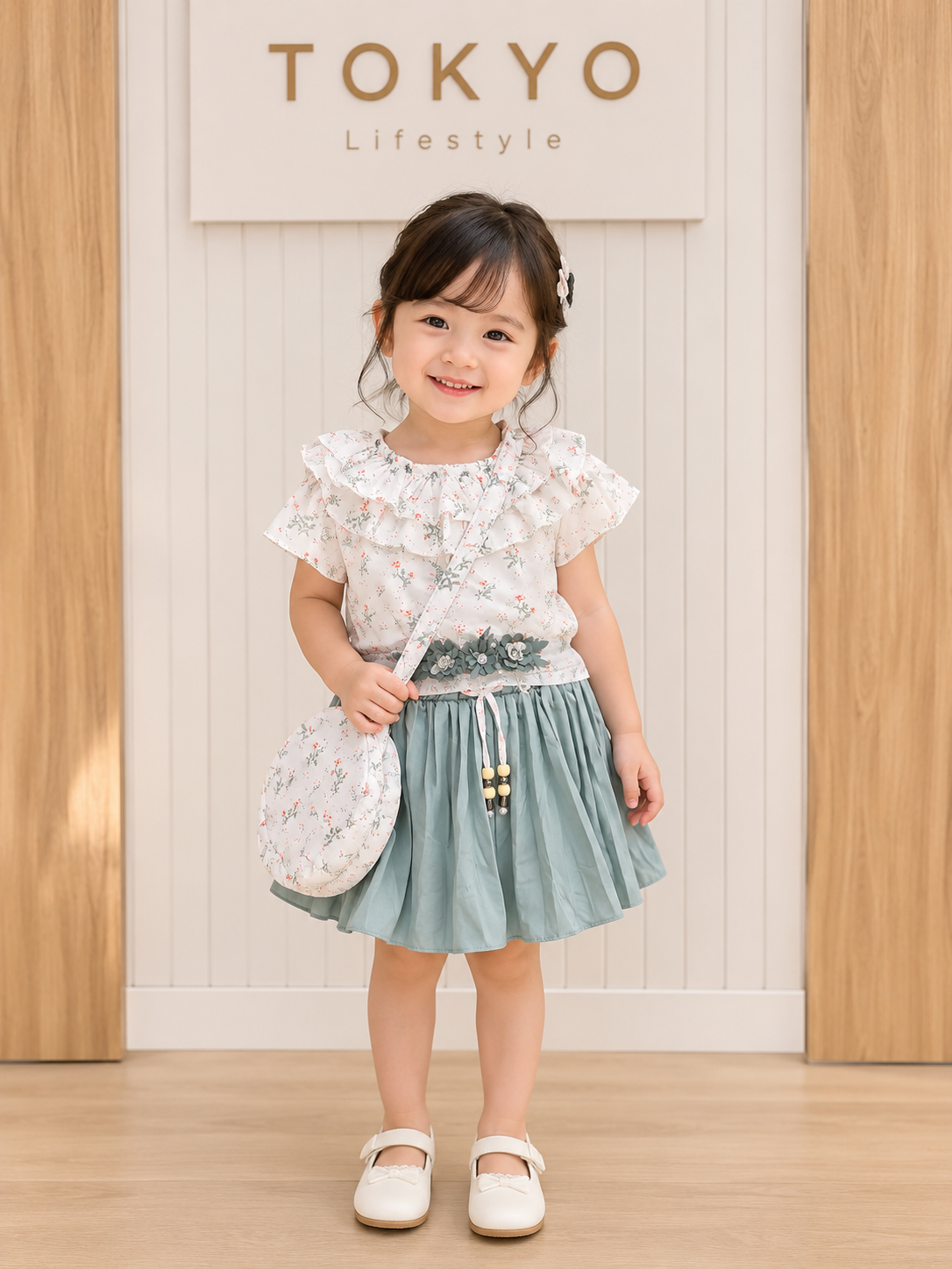Baby Girls Floral Top & Flowy Skirt with Mini Sling Bag – 3-Piece Set.165.