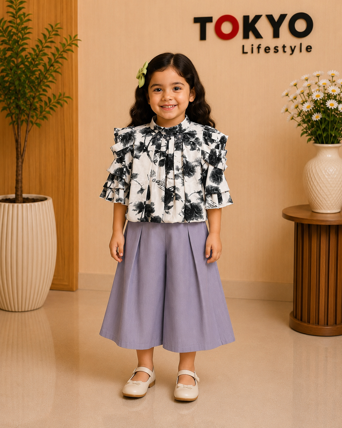 Girls Floral Top & Solid Pants Set 117